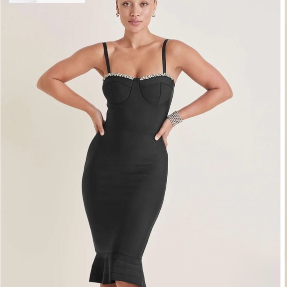 VENUS Dresses & Skirts - VENUS (M) Black Midi Dress with Embellished Neckline